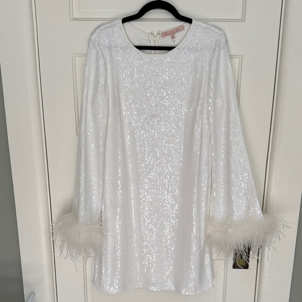 Hutch White Sequin Shift Dress with Feather Cuffs